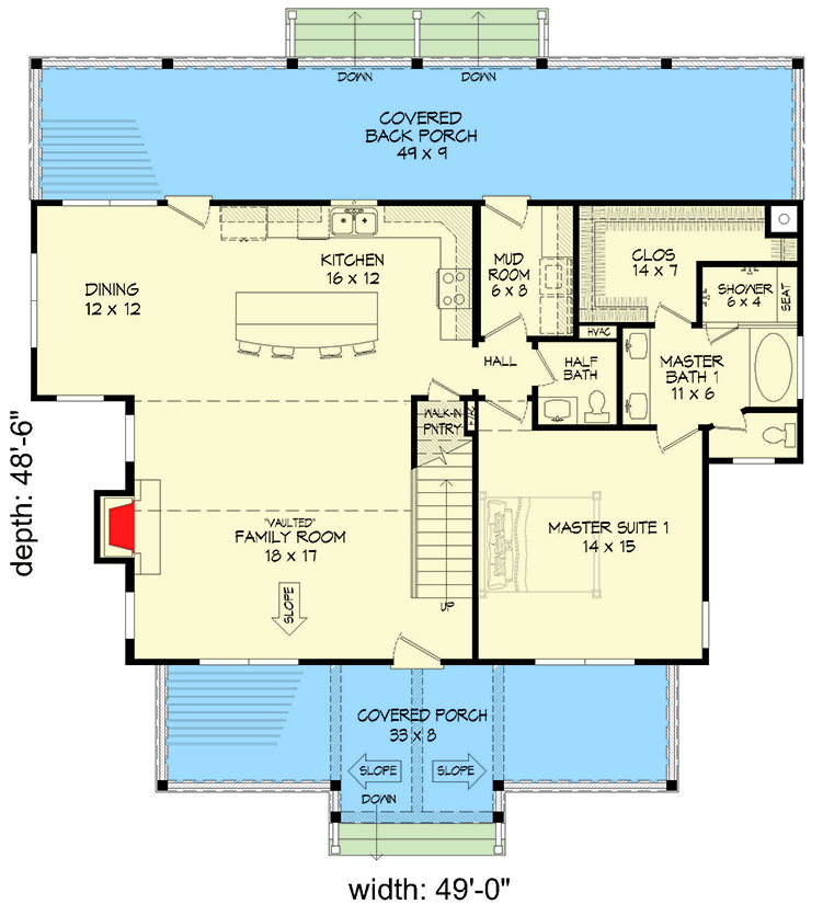 Plan 680058VR: 2100 Square Foot Country Home Plan Under 50-Feet Wide - Floor Plan - Main Level - Cottage, Country, Craftsman, Farmhouse, Mountain