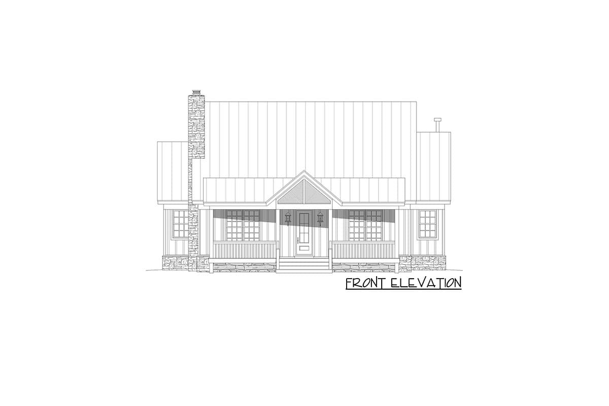Front elevation drawing of a house plan featuring a metal roof, stone chimney, porch with railing, and multiple windows.