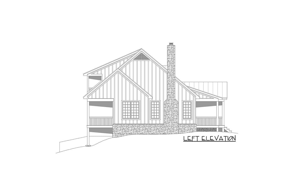 Left elevation house plan drawing shows a two-story home with board and batten siding, stone foundation, gable roof, and covered porches.