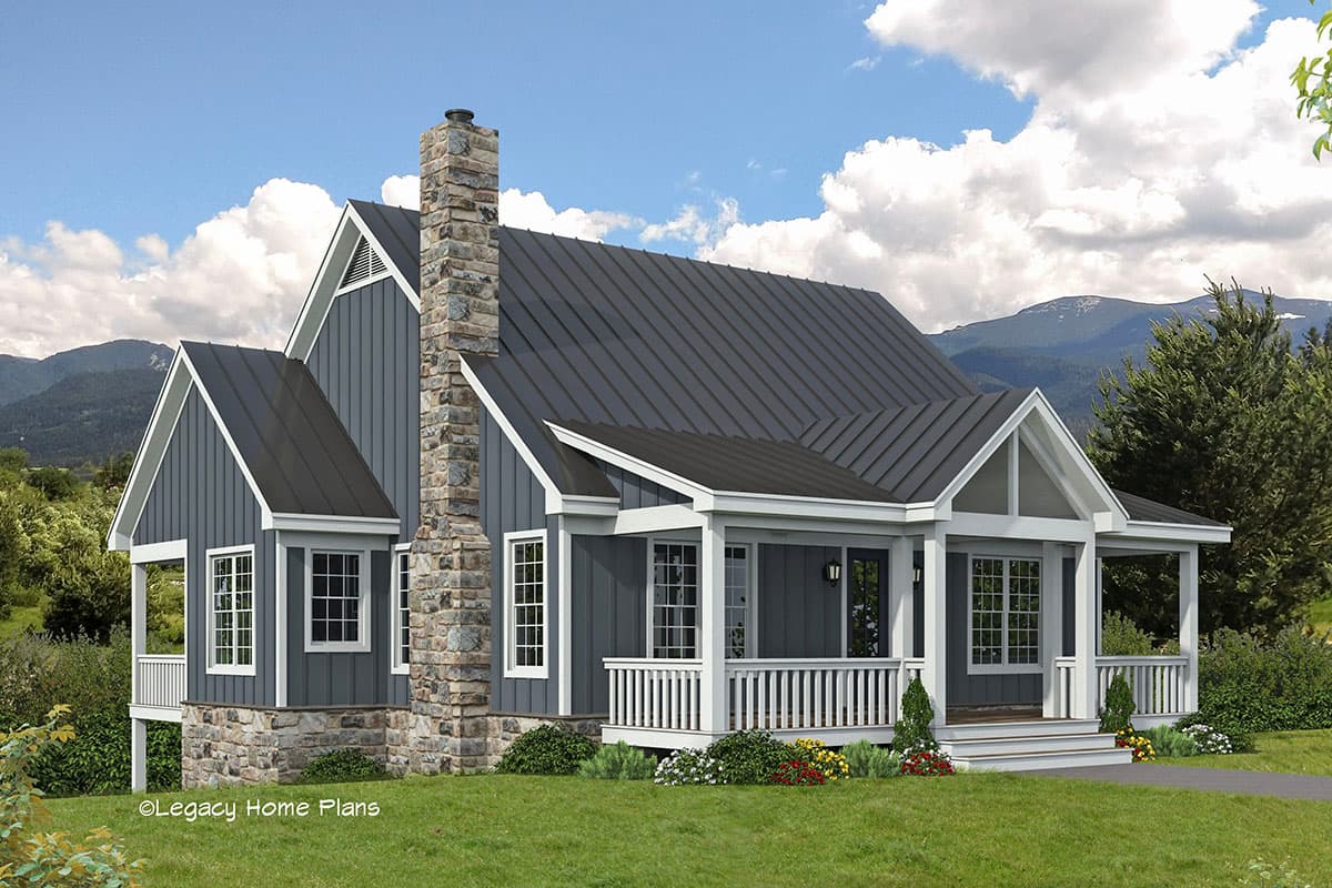 House plan exterior. Farmhouse style with a stone chimney, covered porch, and gabled roof. One story structure with multiple windows.