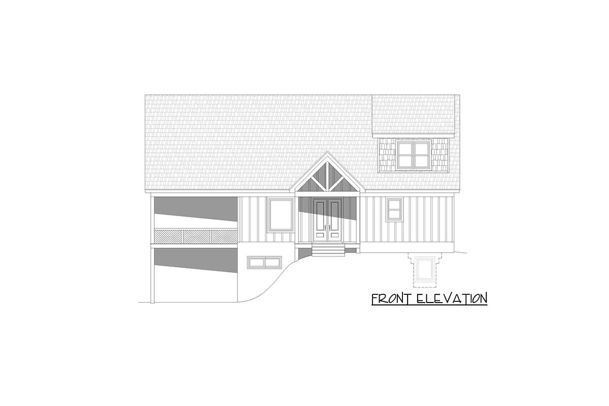 Front elevation drawing of a house plan featuring a prominent gabled entrance, dormer window, and covered porch.