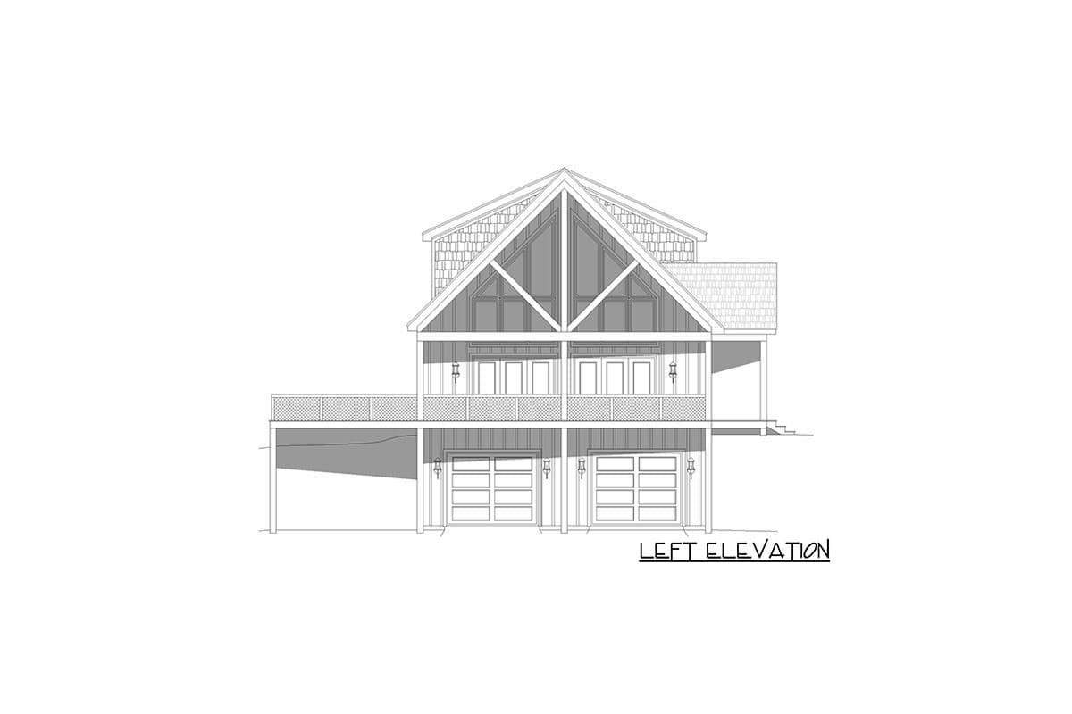 Left elevation drawing of a multi-story house plan with gabled roof, balcony, and two garage doors.