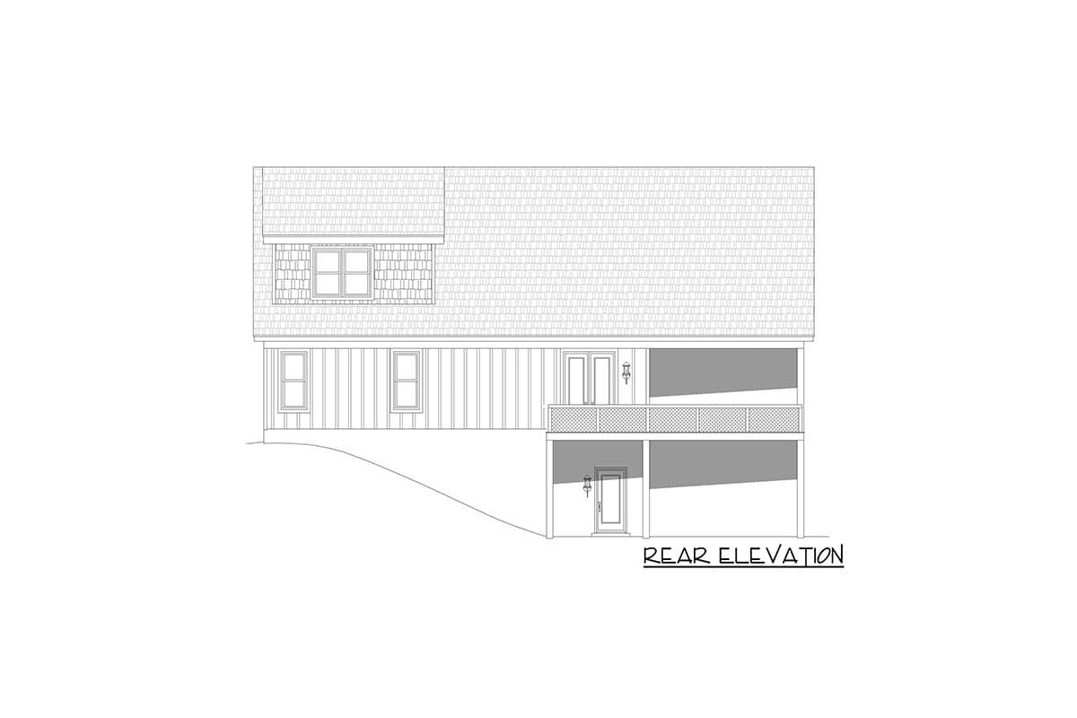 Rear elevation drawing of a house with a dormer, two levels of porch, and multiple windows.