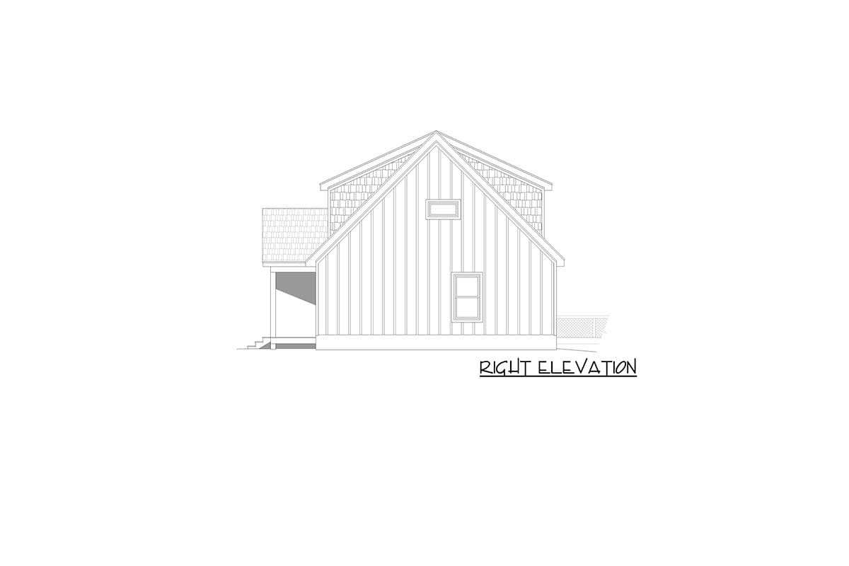 Right elevation drawing of a house with a gabled roof, vertical siding, and shingled dormers.