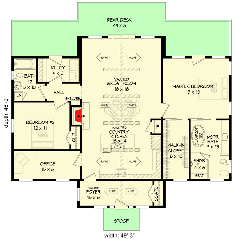 Plan 680061VR: Split Bedroom Vaulted Ranch Home Plan Under 1600 Square Feet with Home Office - Floor Plan - Main Level - Country, Ranch, Rustic, Traditional