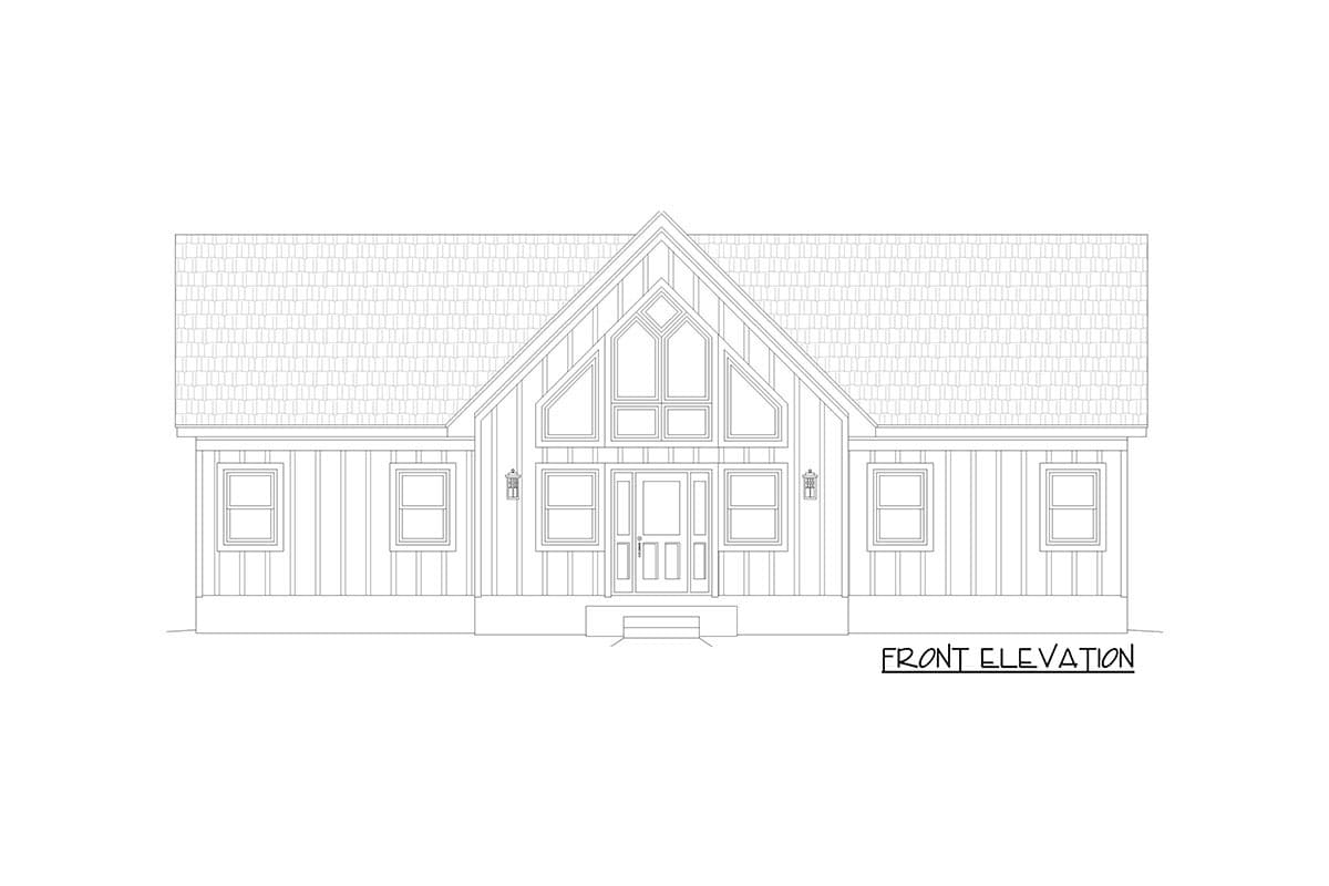 Front elevation drawing of a single-story house with a prominent gable, vertical siding, and a multi-pane window assembly.