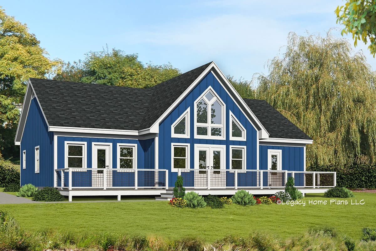 House plan exterior: Blue, two-story home with prominent gables, a wrap-around deck, and a large arched window.