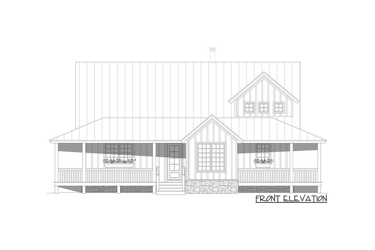 Front elevation drawing of a two-story house plan with a wraparound porch, gable dormers, and stone accents.