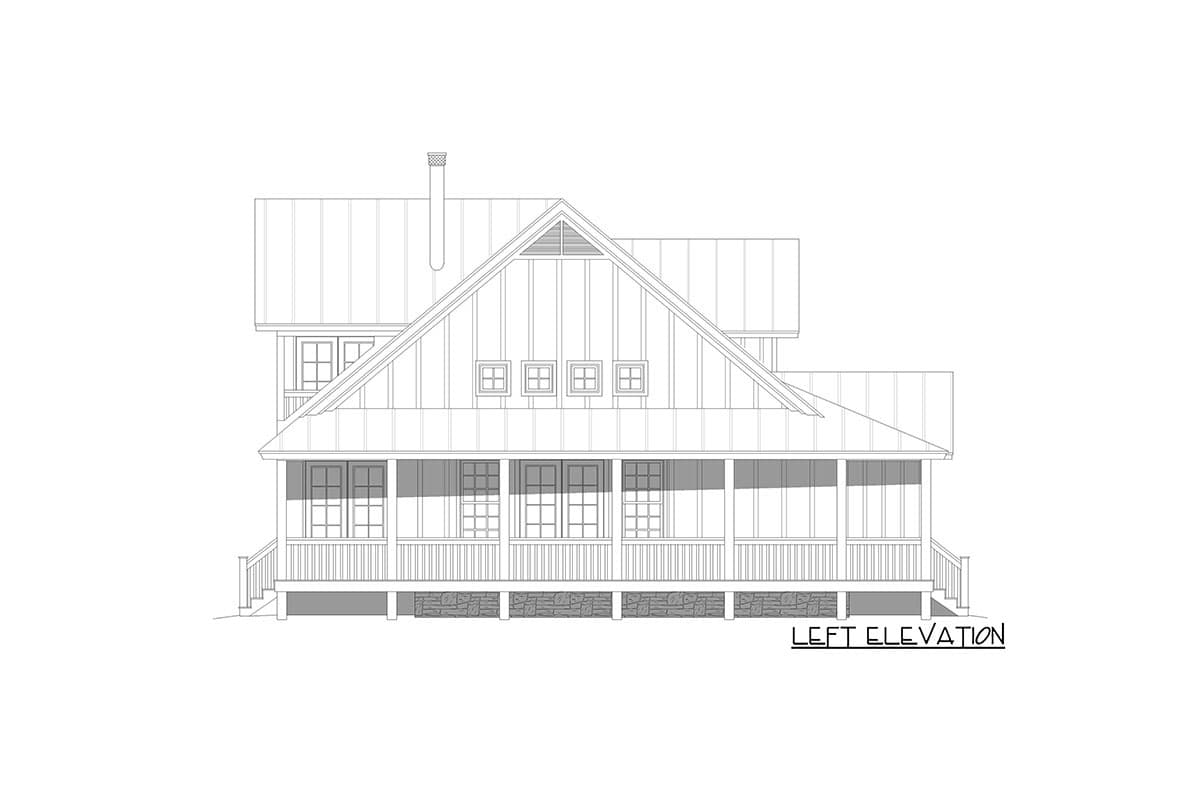 Left elevation house plan showing a house with a wraparound porch, gables, dormer windows, and a metal roof.