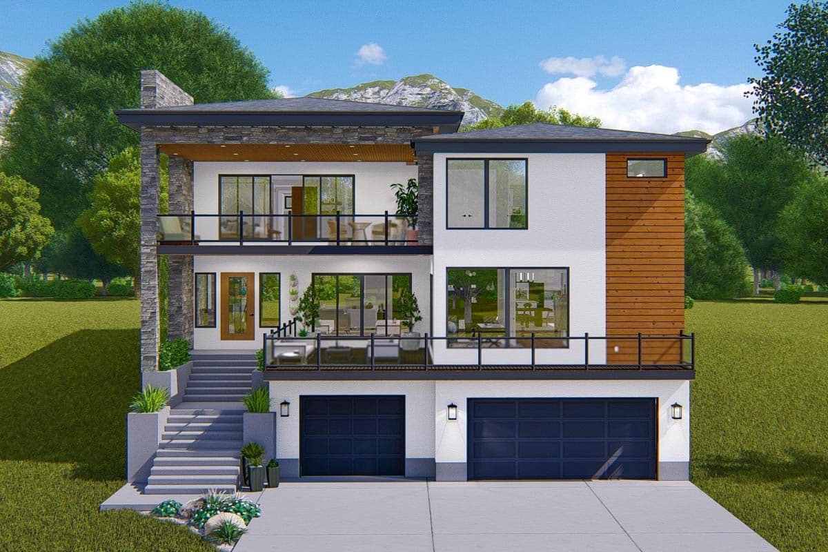 House plan exterior. Two-story modern style with flat roof, balconies, and a two-car garage. Features include wood siding and stone accents.