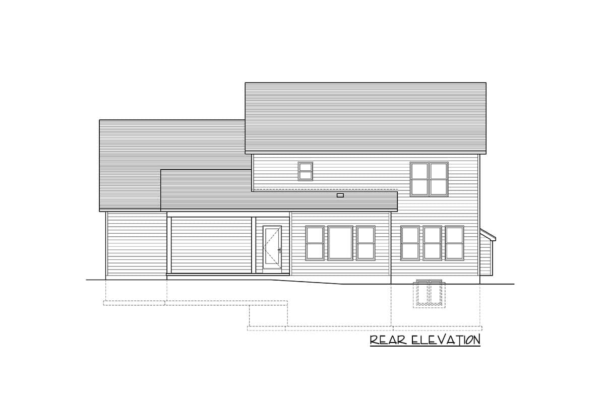 Rear elevation drawing of a two-story house plan with a covered porch, varied rooflines, and multiple windows.