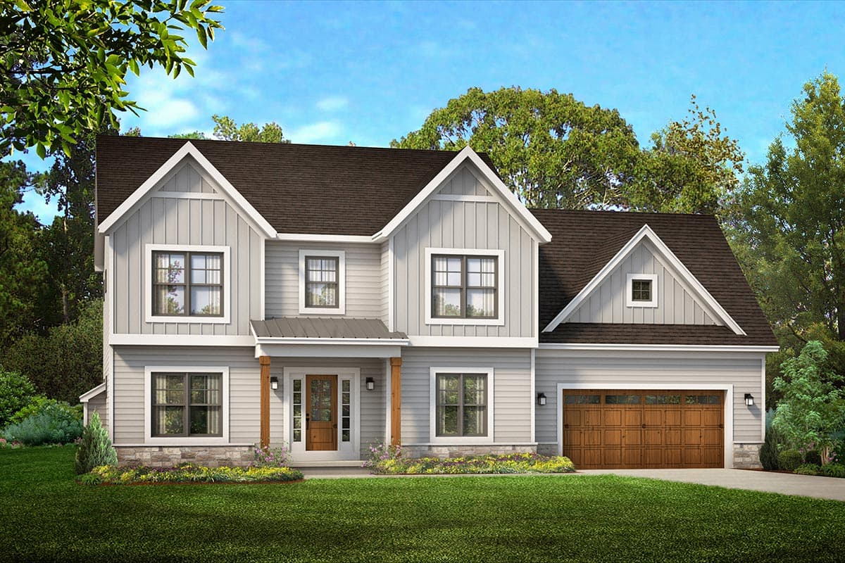 House plan exterior. Two-story Modern Farmhouse with gables, a covered entry porch, and attached garage with a carriage-style door.