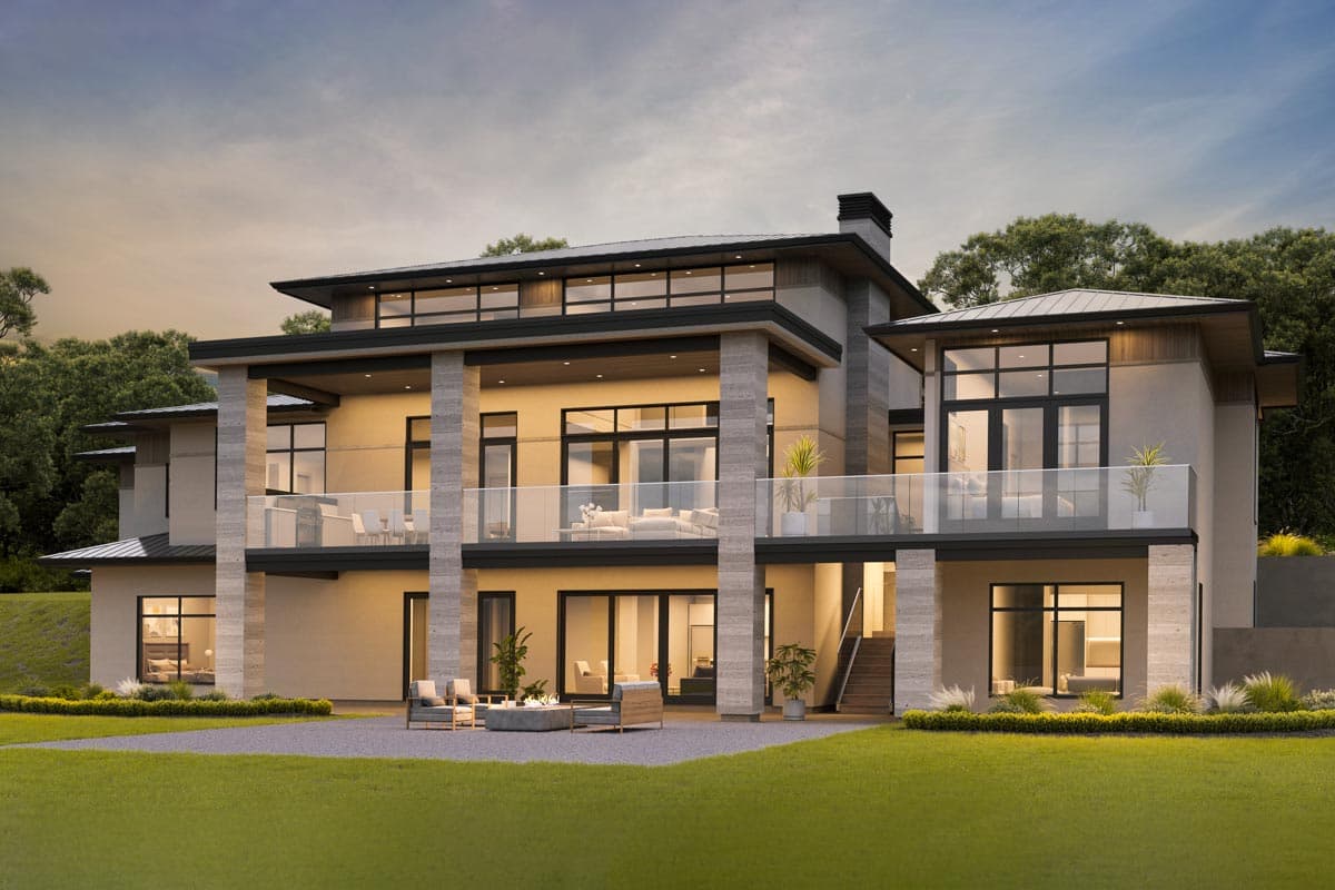 Modern house plan exterior with multiple levels, flat roofs, extensive glass, and stone-clad columns.