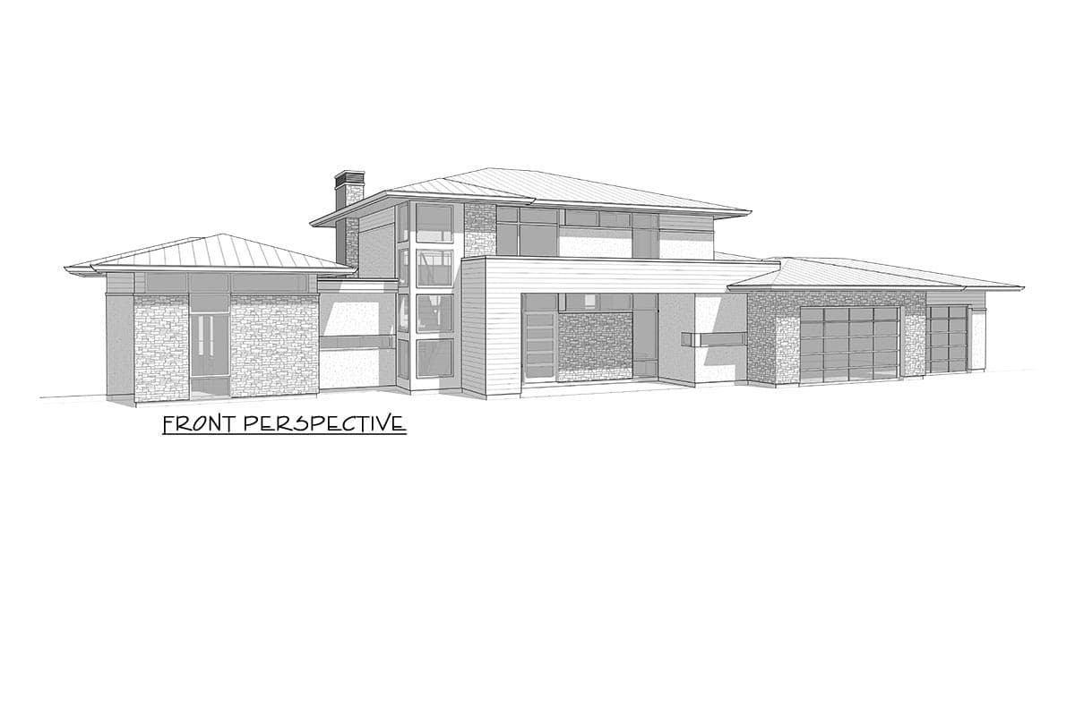 Modern house plan exterior with stone accents, multiple gables, and a prominent chimney.