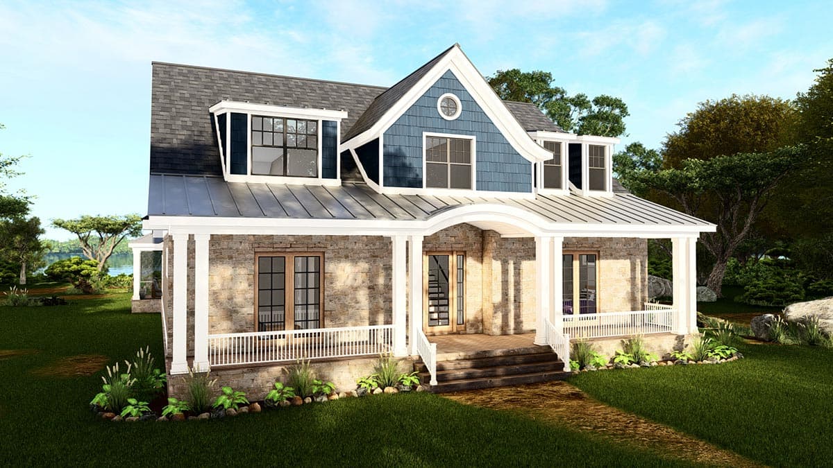 House plan exterior featuring stone facade, wraparound porch with white railings, dormers, and gabled roof.