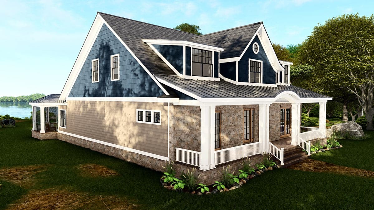 House plan exterior: two-story Modern Farmhouse with stone and shingle siding, gables, dormers, and wraparound porch.