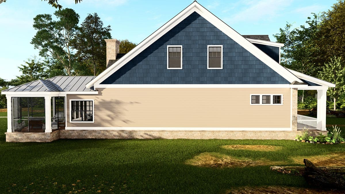 House plan exterior: Modern Farmhouse style, two stories, with gabled dormers, a screened porch, and white railing porch.