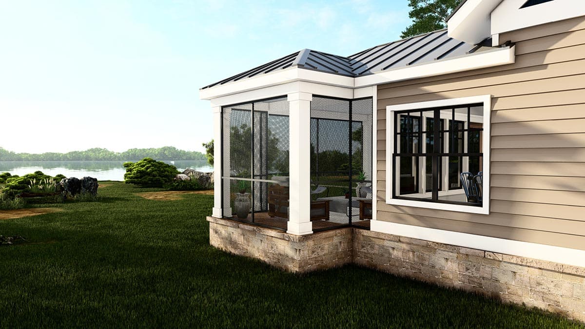 House plan exterior with screened porch, metal roof, stone foundation, and multi-pane windows.