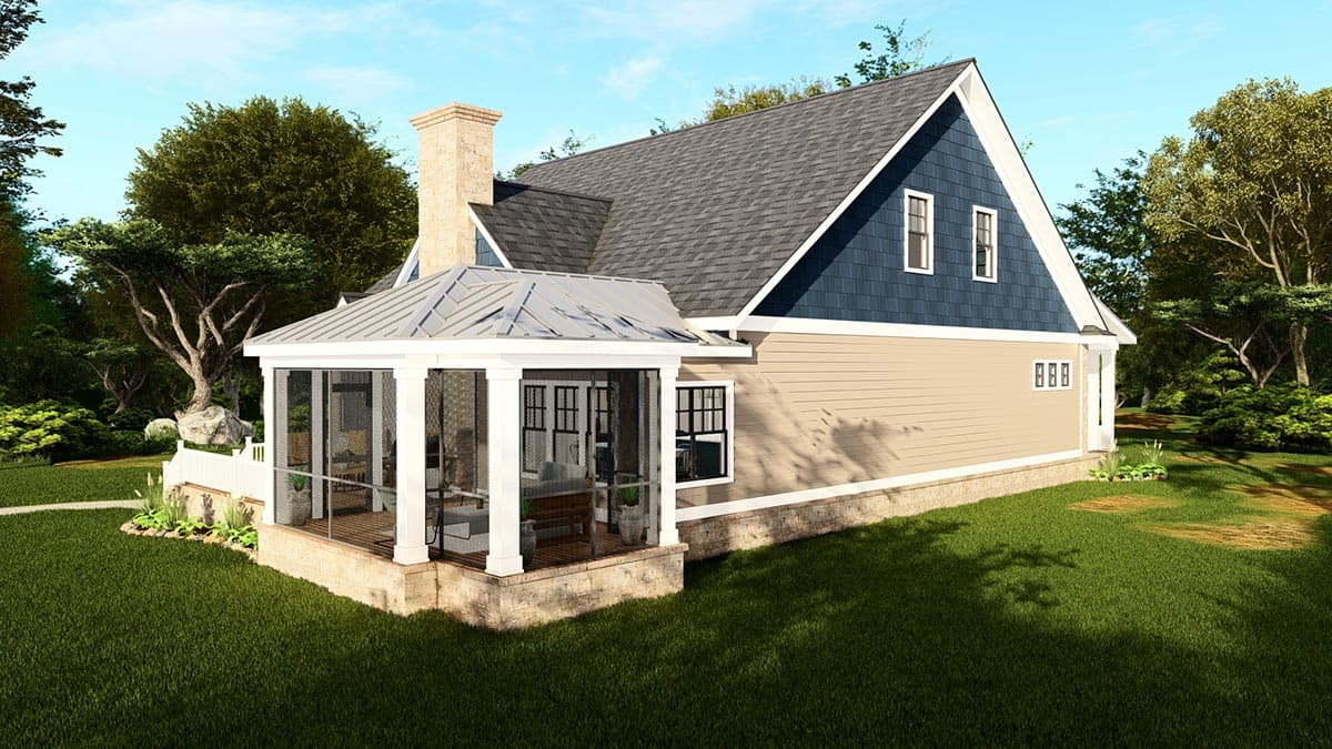 House plan exterior featuring a screened porch, stone foundation, dormer, and gable with blue siding.