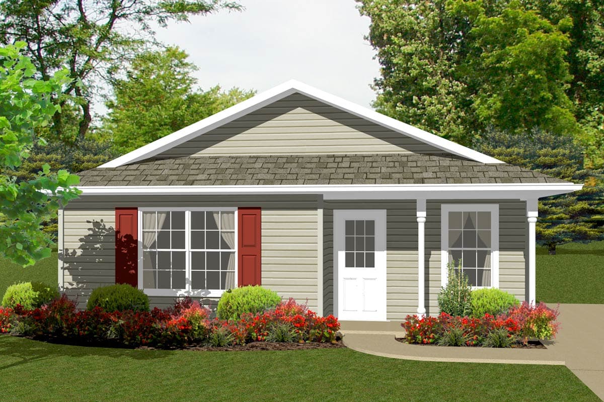House plan exterior: one-story home with a gable roof, front porch supported by two columns, vinyl siding, and red shutters.