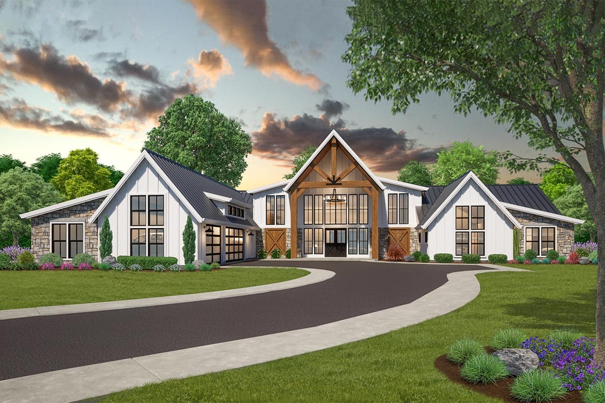 Modern farmhouse house plan exterior with large gables, stone accents, a porte-cochère, and a two-car garage.