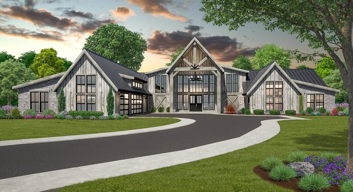 Modern farmhouse house plan exterior with stone accents, metal roof, large gables, and a two-car garage.