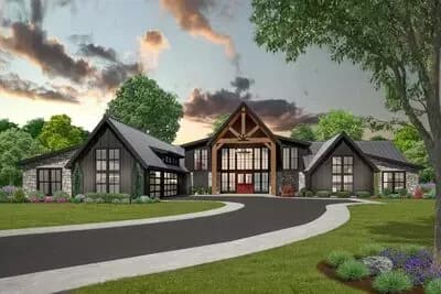 One-Story Rustic Family House Plan with Stunning Exterior
