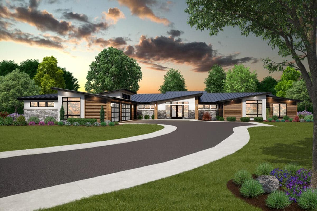 House plan exterior. Modern style, single story home with low-slope roof, large windows, and attached garage. Driveway leads to the entrance.