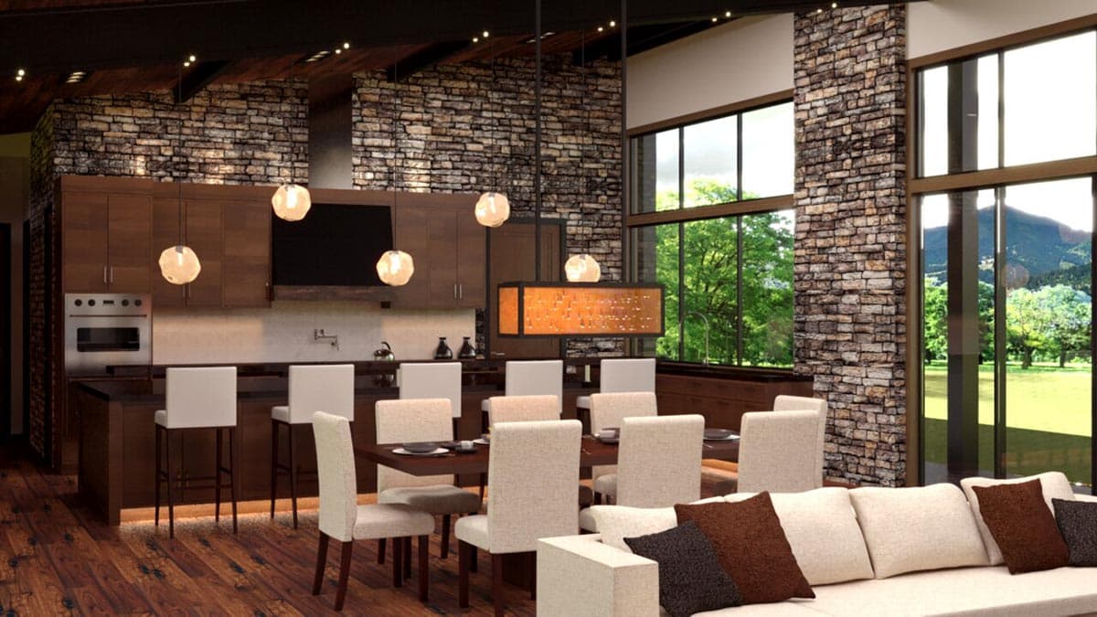Interior rendering of open-concept living space with kitchen island, dining area, and large windows showcasing mountain views.