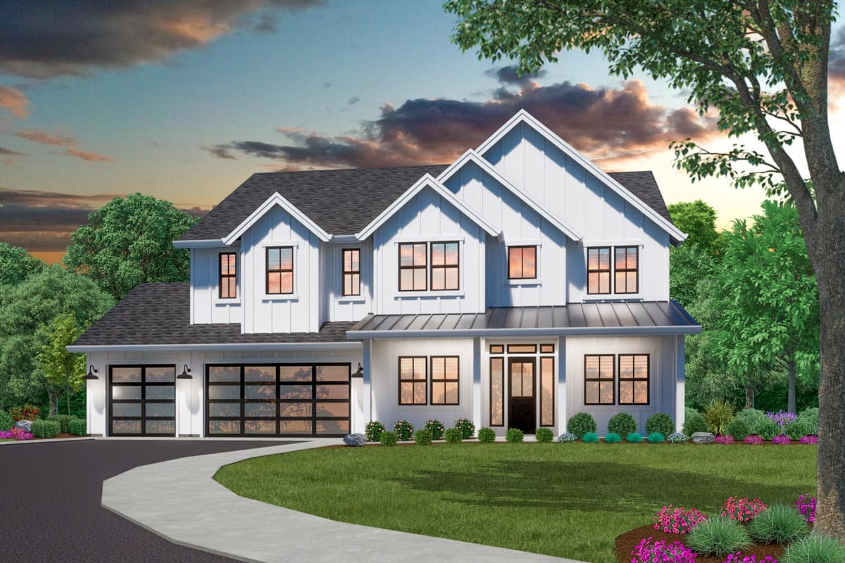 House plan exterior featuring Modern Farmhouse style with two stories, gabled rooflines, a covered porch, and a two-car garage.