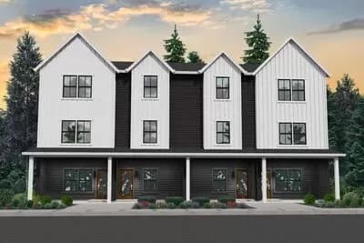 Contemporary New American Multiplex House Plan with 4 Units Each under 1500 Square Feet