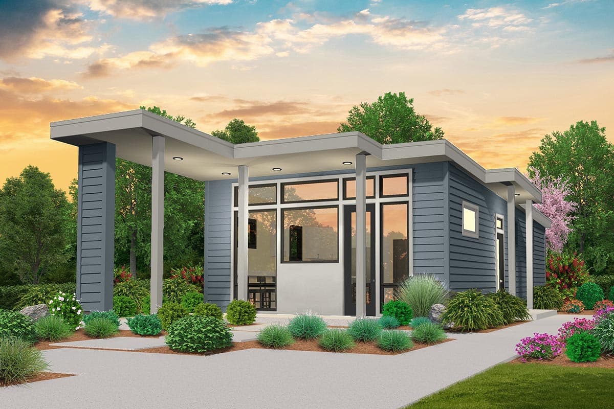 Modern house plan exterior with a low-pitched roof, large windows, covered entrance, and horizontal siding.