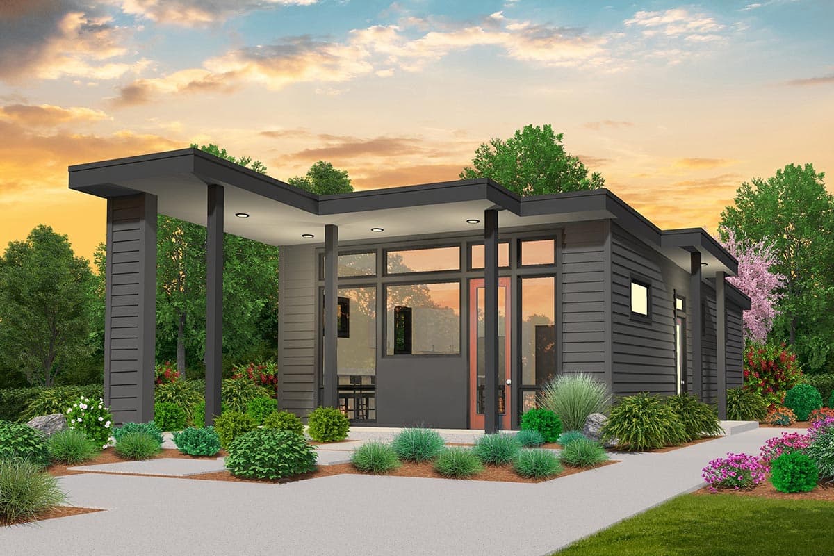 Modern house plan exterior with flat roof, open porch supported by pillars, and floor-to-ceiling windows. Siding is dark gray.