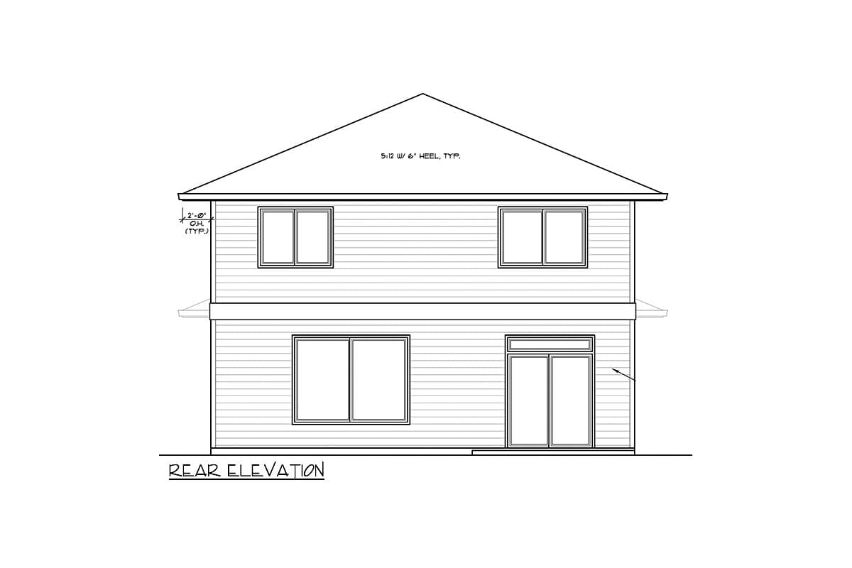 Rear elevation drawing of a two-story house plan, featuring two upper windows, two lower windows, and double glass doors.