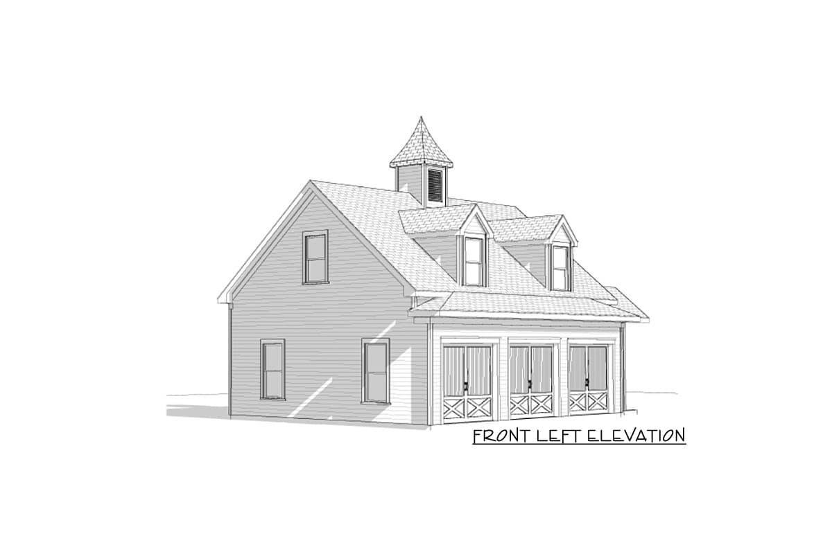 Front left elevation of a two-story house plan with a cupola, dormers, and three garage doors.