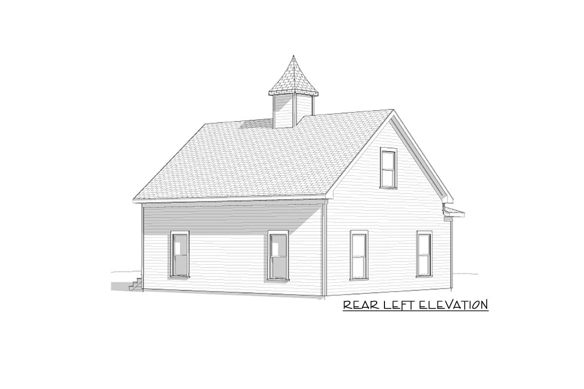 Rear left elevation drawing of a two-story house plan with a cupola and dormer.