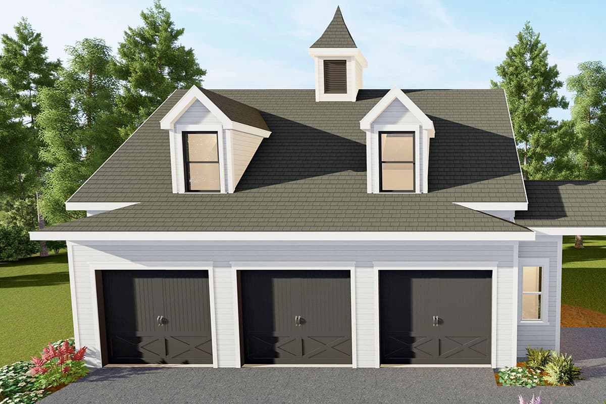 House plan exterior with three-car garage. Features include dormers, a cupola, and a gabled roof. Exterior features white trim and dark garage doors.