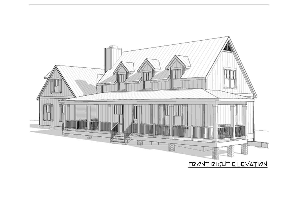 House plan exterior elevation: two-story, gabled roof, wrap-around porch with railings, dormers, and chimney.