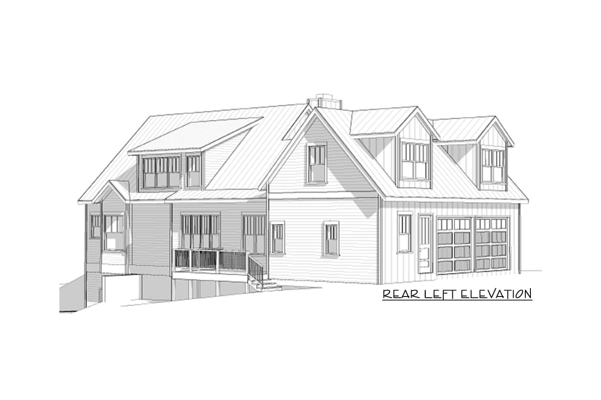 Rear left elevation drawing of a two-story house plan with multiple gables, dormers, a covered deck, and a two-car garage.