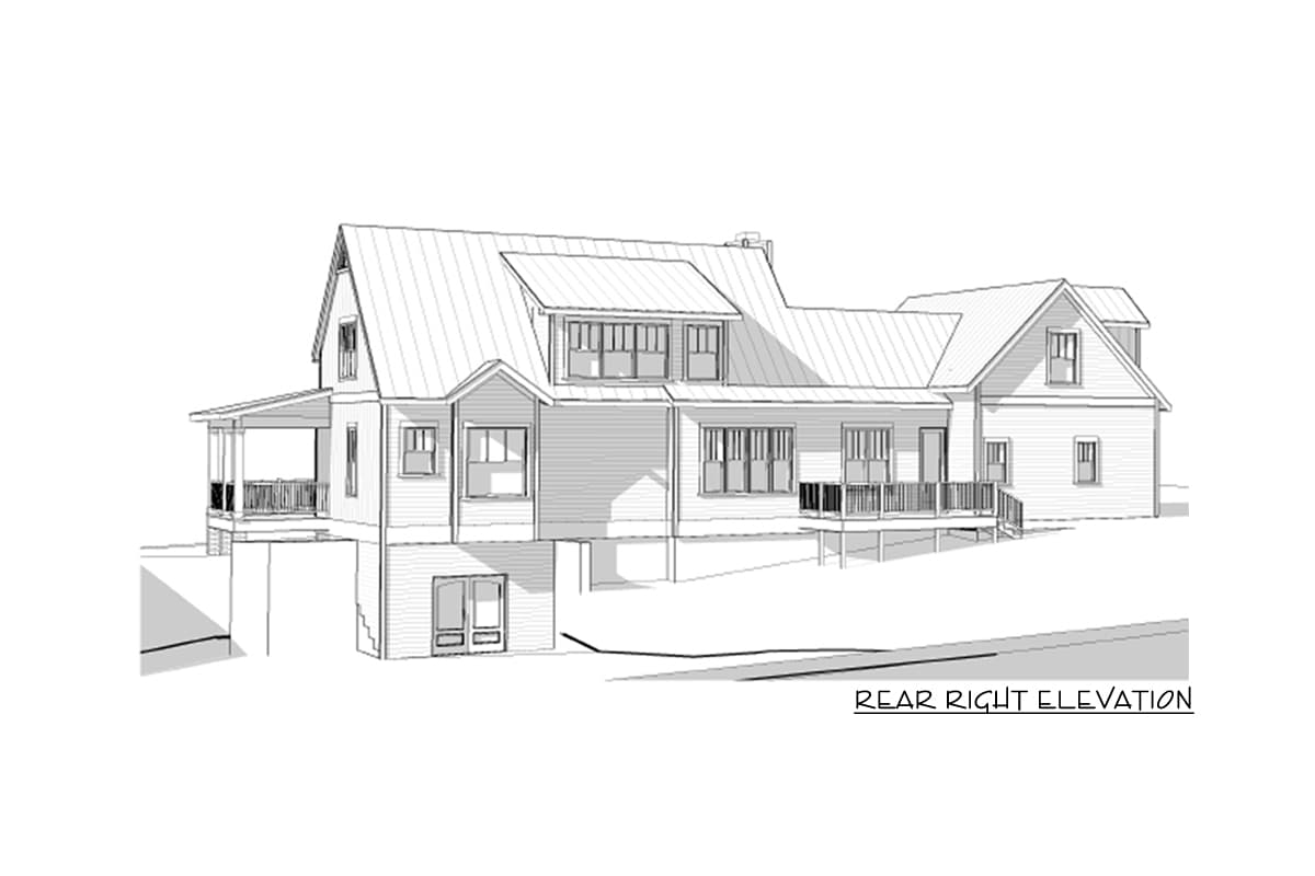 Rear right elevation of a two-story house plan with a metal roof, gables, dormers, and a wraparound porch.