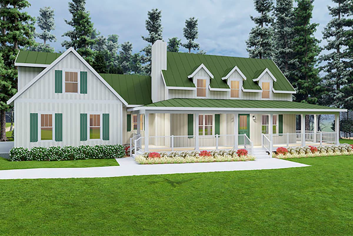 House plan exterior with green metal roof, wrap-around porch, two stories, and dormers. The house features gabled rooflines and white siding.