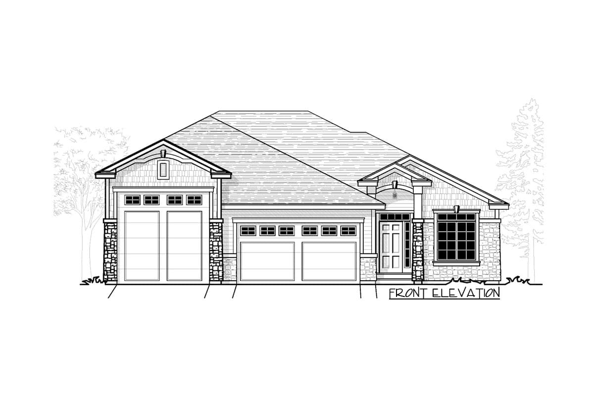 Front elevation of a one-story house plan with a side-facing triple-car garage, stone accents, gabled dormers, and a covered entry.