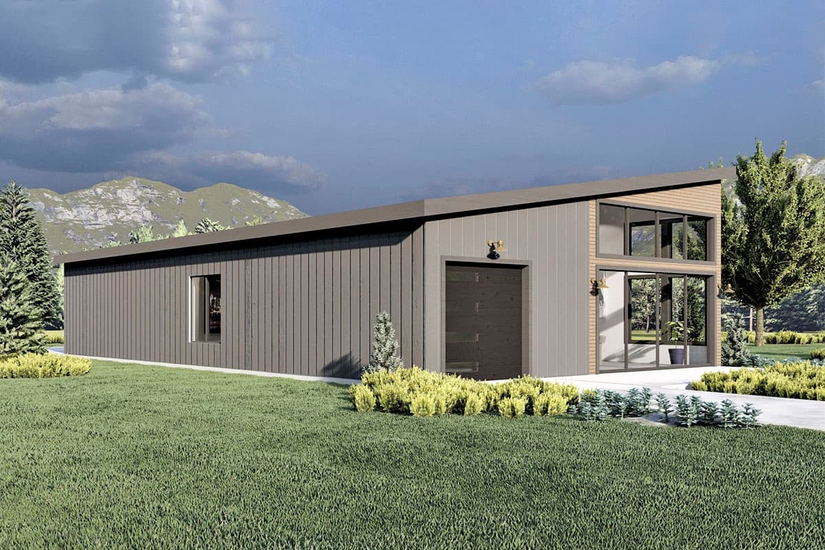 Modern one-story house plan exterior with a flat roof, vertical siding, a single-car garage, and large glass windows.