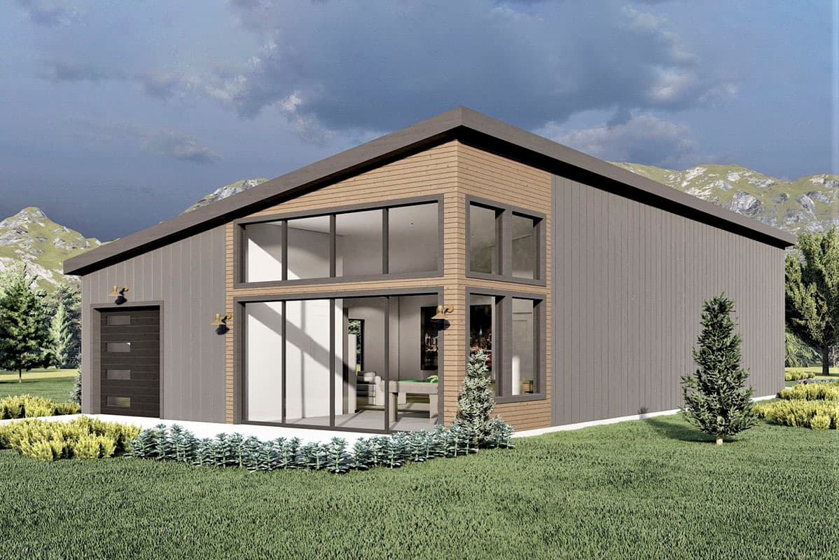 House plan exterior with two stories. Features include a modern facade, expansive windows, and a detached garage with a flat roofline.