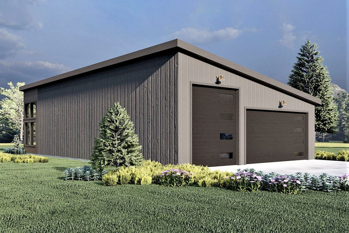 Plan 490099NAH: Modern 3-Car Detached Garage with Hangout Space - Image #4 - Barndominium, Contemporary, Mid Century Modern, Modern, Rustic