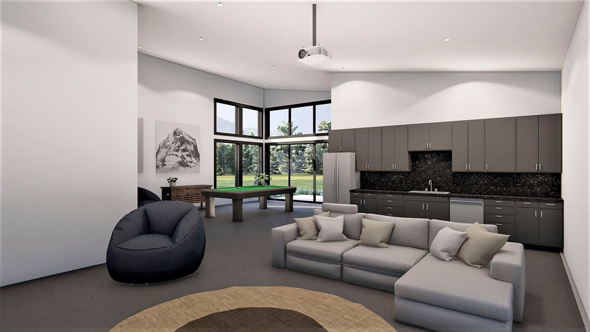 Plan 490099NAH: Modern 3-Car Detached Garage with Hangout Space - Image #5 - Barndominium, Contemporary, Mid Century Modern, Modern, Rustic