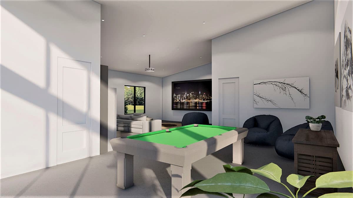 Plan 490099NAH: Modern 3-Car Detached Garage with Hangout Space - Image #6 - Barndominium, Contemporary, Mid Century Modern, Modern, Rustic