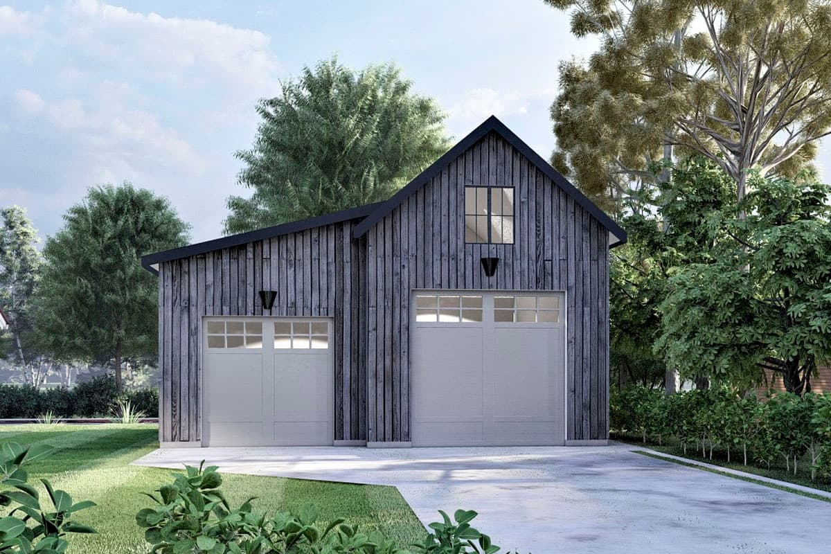 House plan exterior. Two-car garage with a gable roof and vertical wood siding. Includes a small upper window and black sconce lighting.