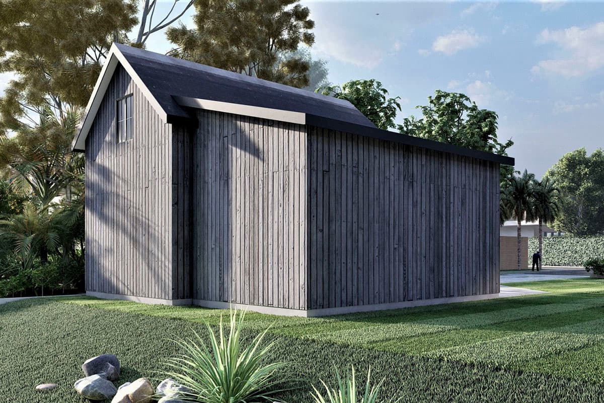 House plan exterior, modern style, with vertical wood siding, a pitched dark roof, and a single gable end window.