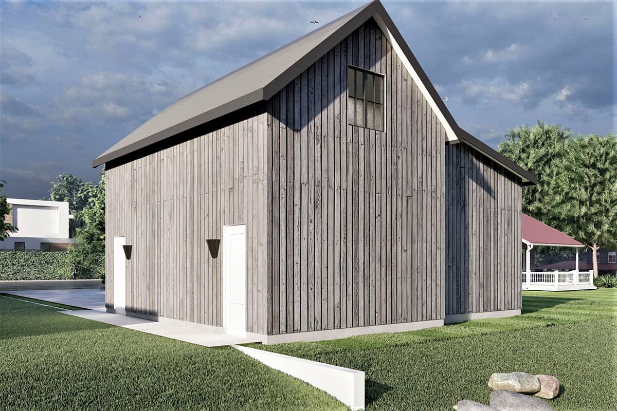 House plan exterior: Modern barn style, two stories, vertical wood siding, gable roof, and two entrances.